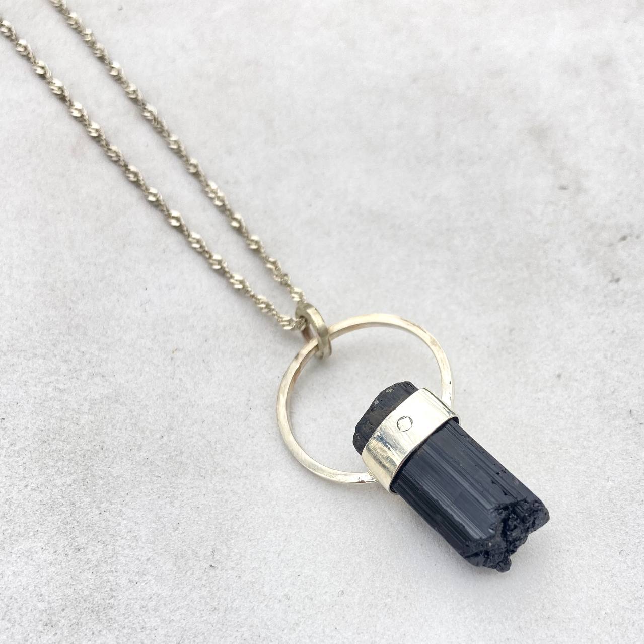 Raw Black Tourmaline Silver Pendant