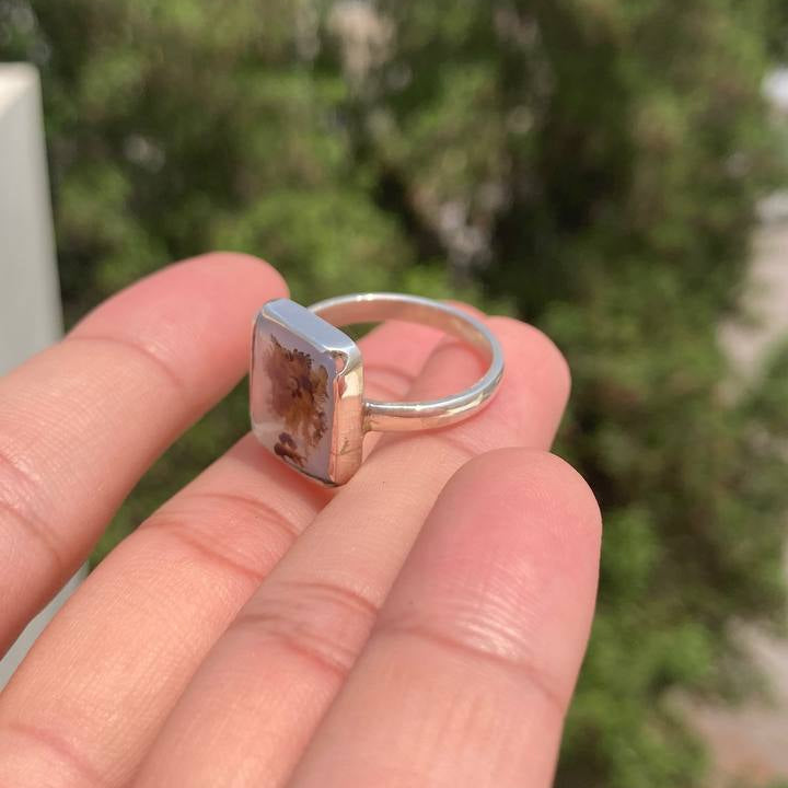Black Dendrite Agate Silver Ring