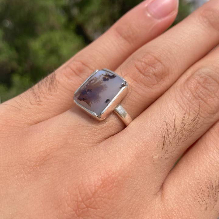 Black Dendrite Agate Silver Ring