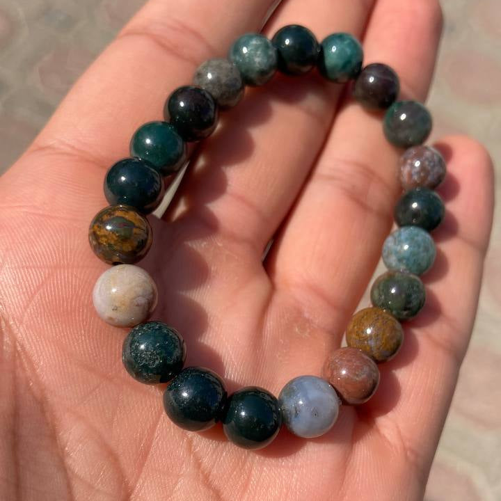 Moss Agate Beaded Elastic Bracelet