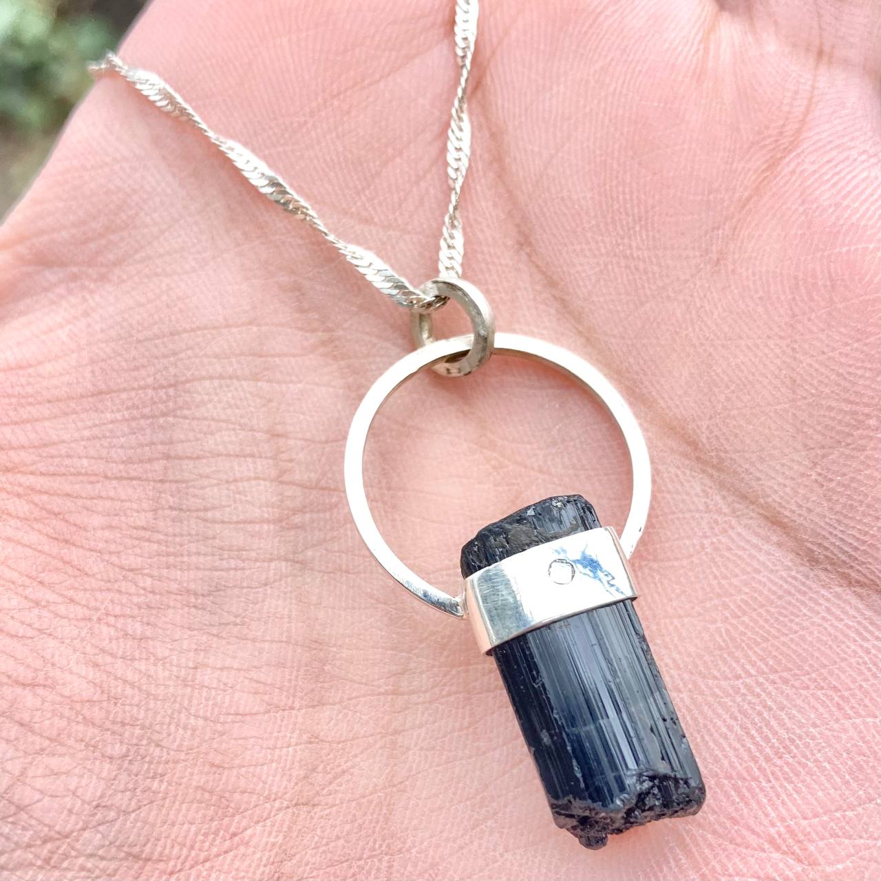 Raw Black Tourmaline Silver Pendant