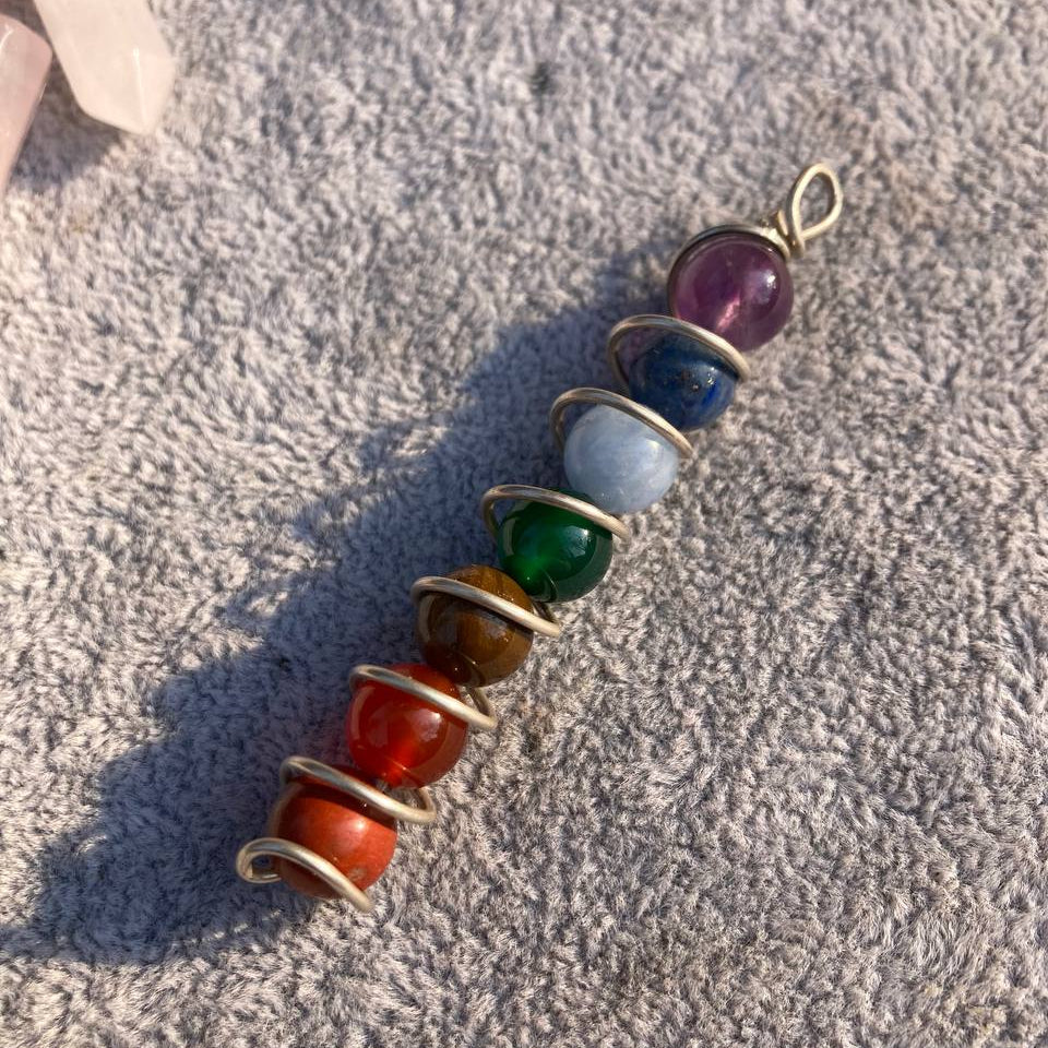 Chakra stone necklace on a textured surface