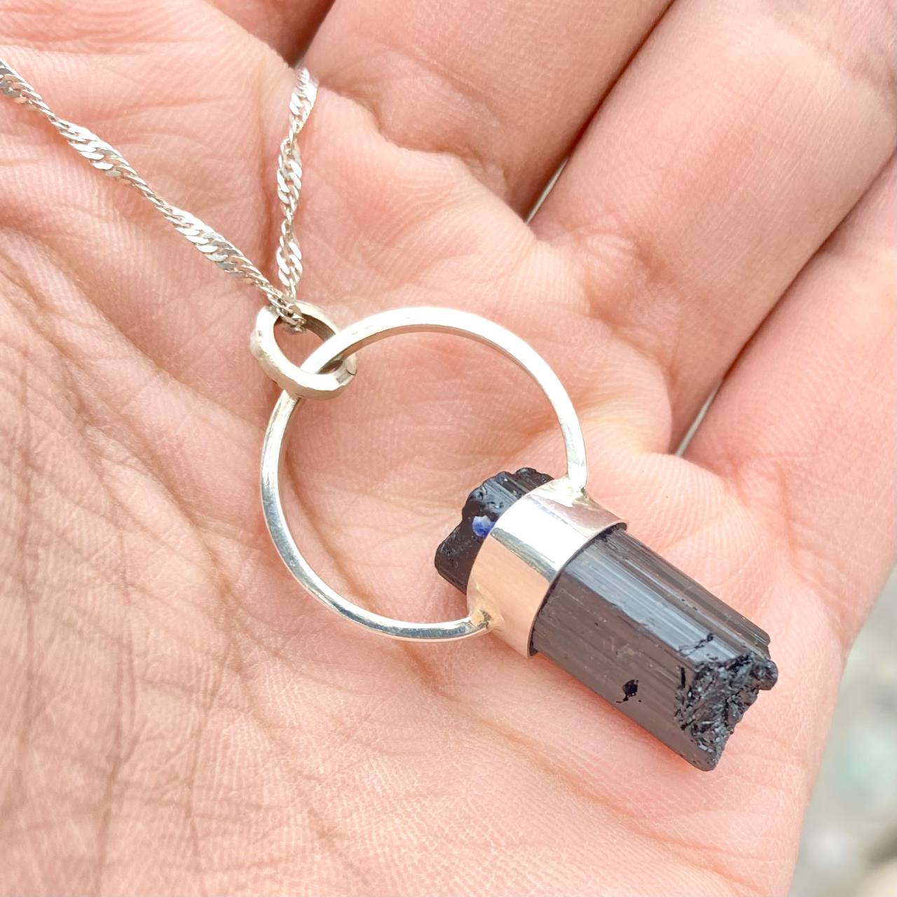 Raw Black Tourmaline Silver Pendant