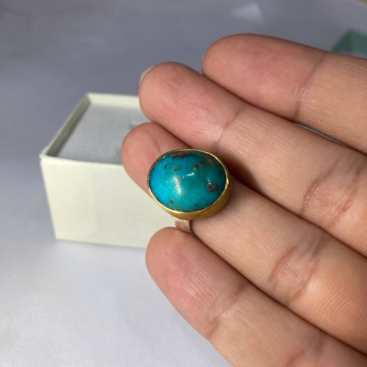 silver-brass ring with a turquoise stone on a finger against a neutral background
