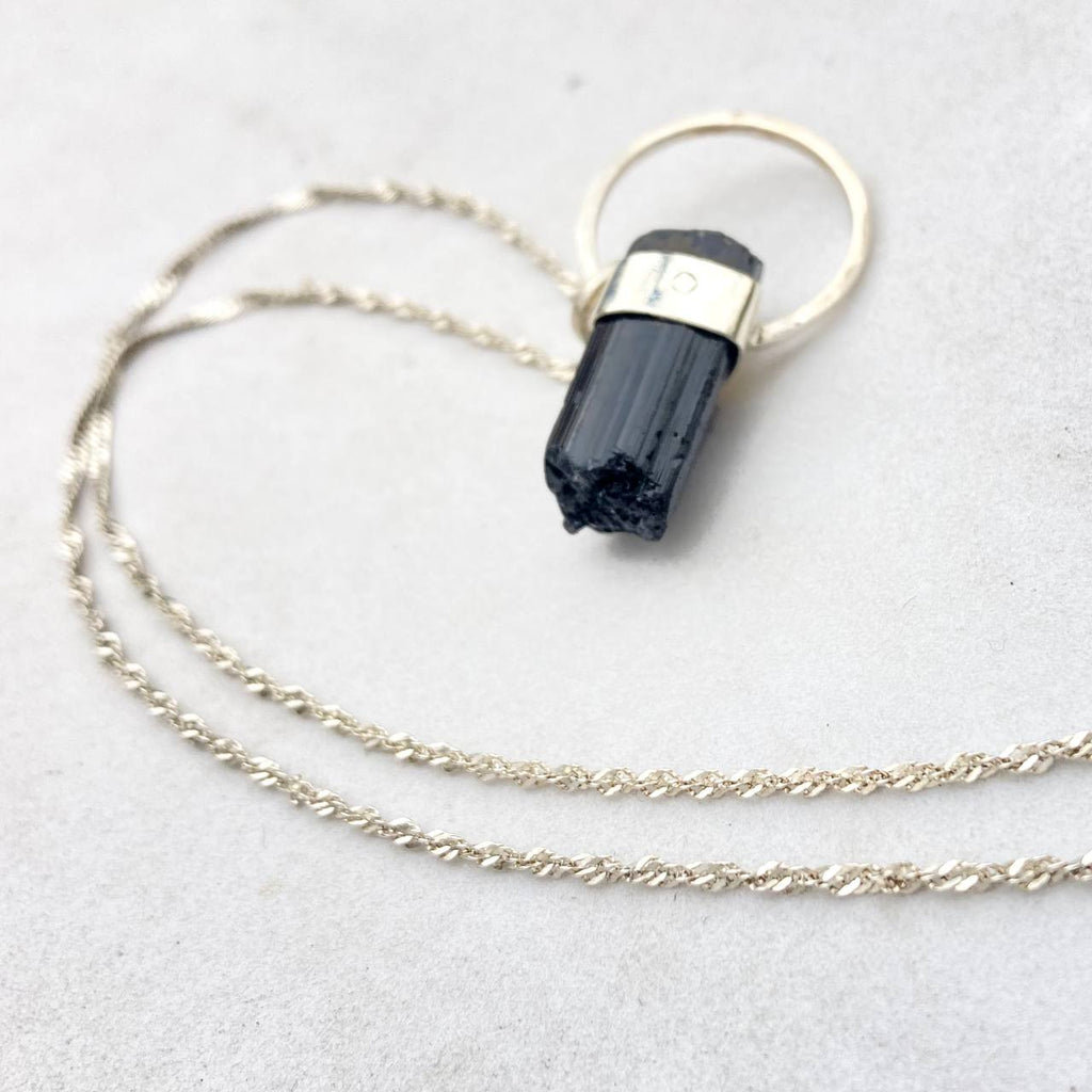 Raw Black Tourmaline Silver Pendant