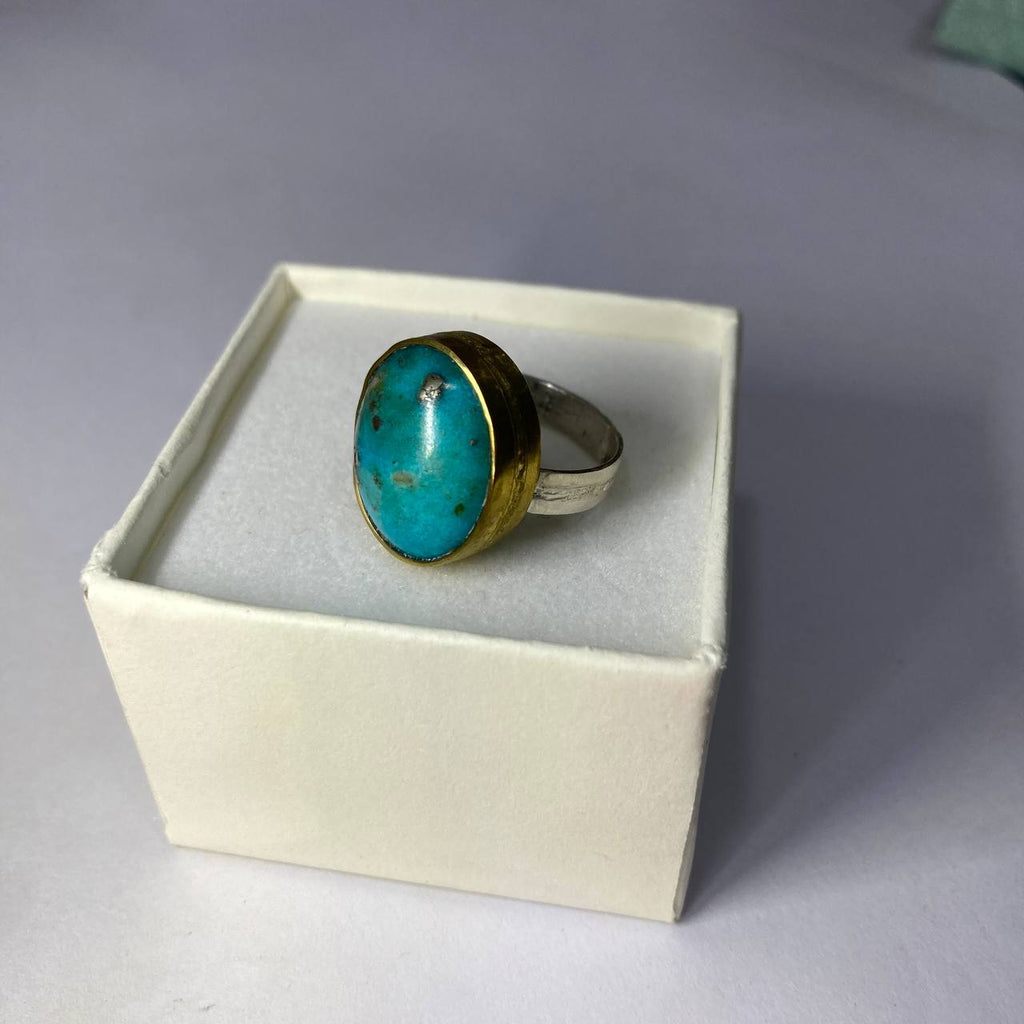 silver-brass ring with a turquoise stone on a finger against a neutral background