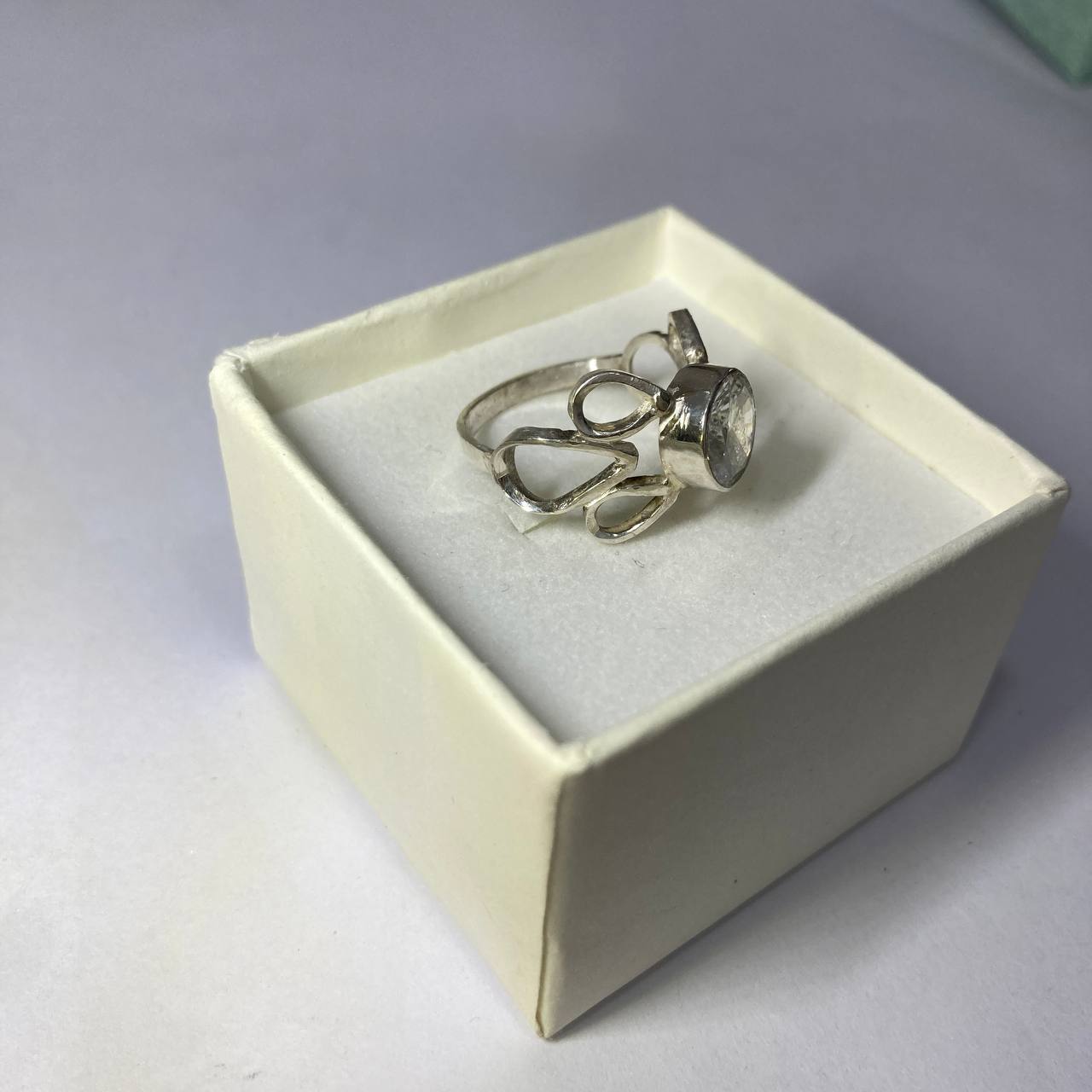 Silver ring in a white box on a light gray background