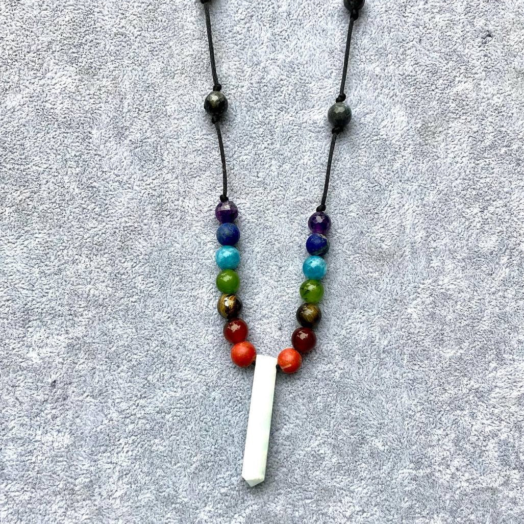 7 Chakras Necklace with Larvikite and Aquamarine Pendant