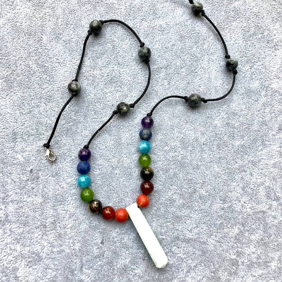 7 Chakras Necklace with Larvikite and Aquamarine Pendant